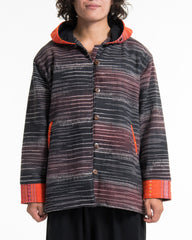 Light Hooded Button Hand-Woven Cotton Embroidered Jacket in Gray