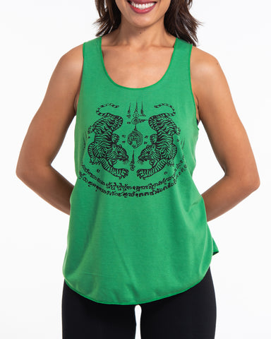 Super Soft Cotton Womens Tiger Tattoo Tank Top in Green