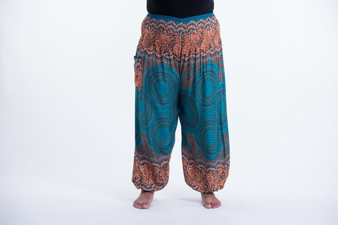 Plus Size Geometric Mandalas Unisex Harem Pants in Turquoise