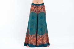 Geometric Mandalas Straight Cut Wide Leg Palazzo with Elastic Back Waistband in Turquoise