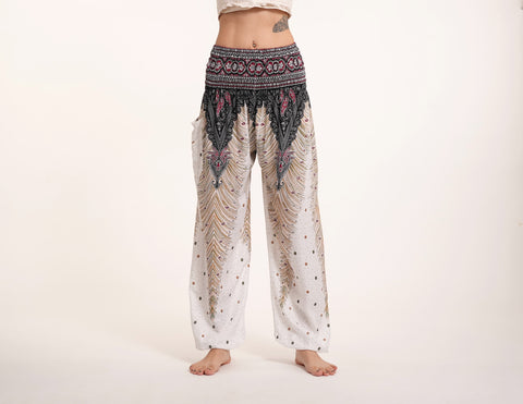 Peacock Feathers Unisex Harem Pants in White